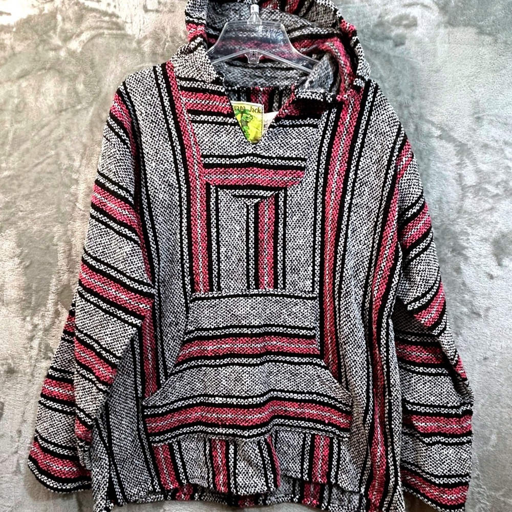Iguana Jack Baja Hoodie Pink Black White Striped Mexican Blanket Pullover Medium